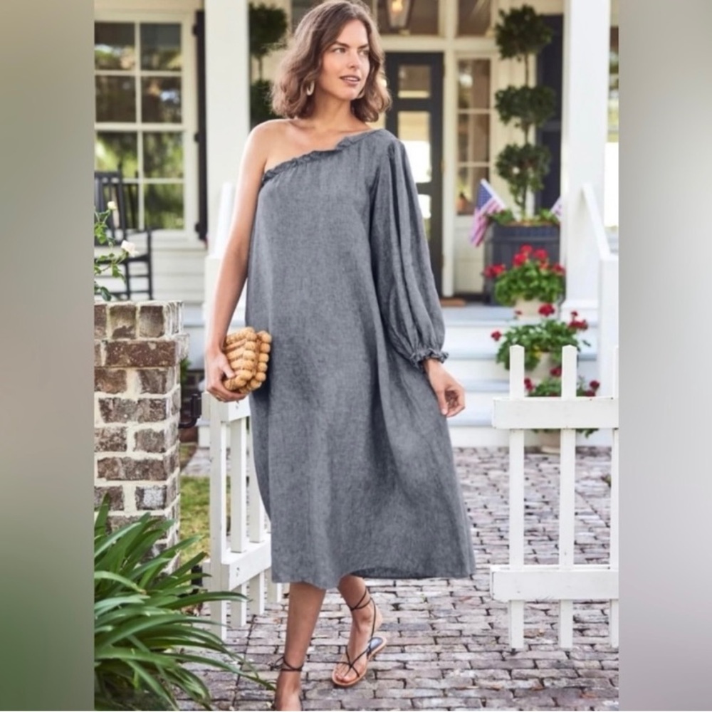 Lake Linen One-Shoulder Gray Midi Dress with Puff Sleeve